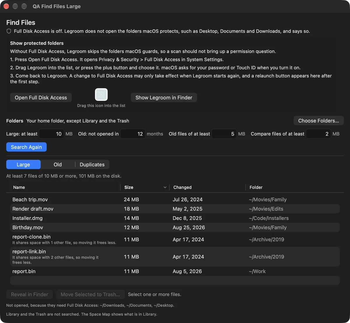 The Find Files window on its Large tab, listing seven sample files of 10 MB or more with their size, date changed and folder, and Reveal in Finder and Move Selected to Trash buttons