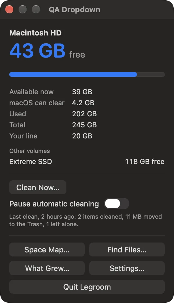 Legroom's menu-bar window on a sample Mac: 43 GB free, a bar for used space, figures for space available now, space macOS can clear, used and total space, and a low-space line of 20 GB, then a Clean Now button, a switch to pause automatic cleaning, and buttons for Space Map, Find Files, What Grew and Settings