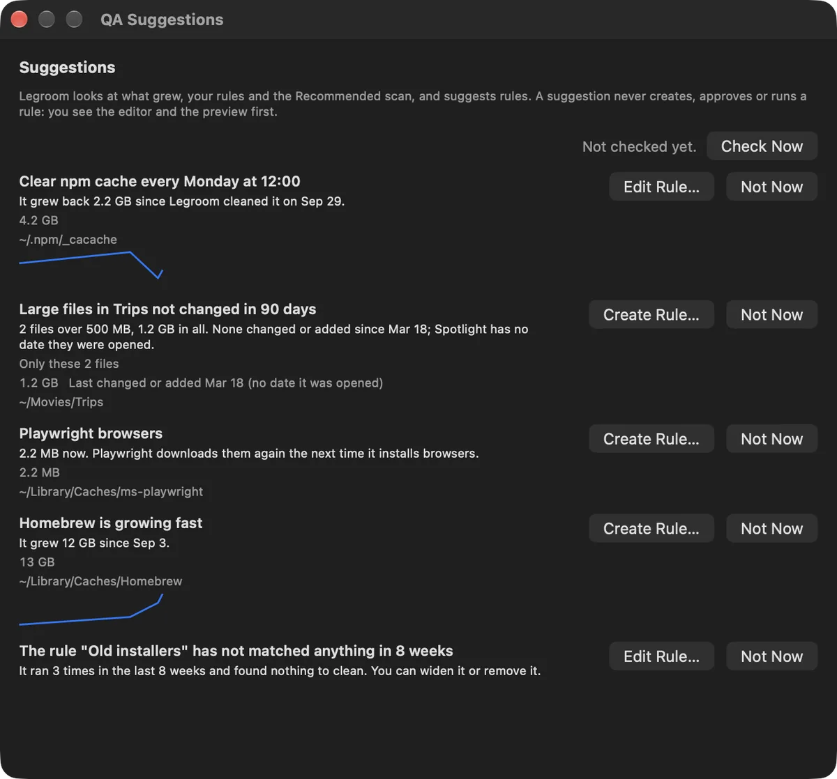 The Suggestions window with four sample suggestions, such as clearing the npm cache every Monday and a note that Homebrew grew 12 GB, each with Create Rule or Edit Rule and Not Now buttons