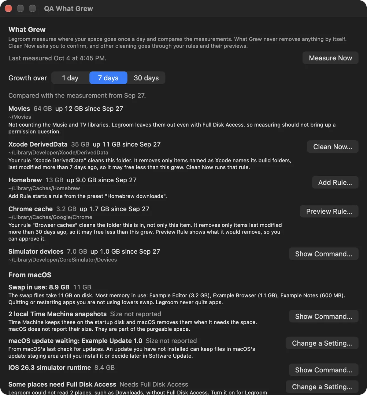 The What Grew window set to 7 days, listing sample folders by growth, such as Movies up 12 GB and Xcode DerivedData up 11 GB, each with a button for its next step, and a From macOS section with swap use and local Time Machine snapshots