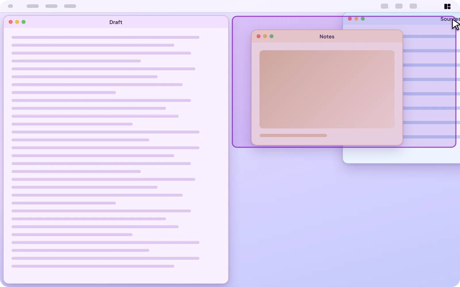 An illustration of a screen with a tall window on the left half, one window on the top right quarter, and a third window being dragged into the bottom right corner with a purple preview of the quarter it will fill