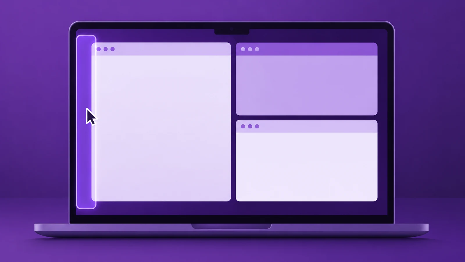 An illustration of a laptop screen with four windows tiled neatly, a tall one on the left and two stacked on the right, and a highlighted strip along the left edge where a window is being dragged to snap