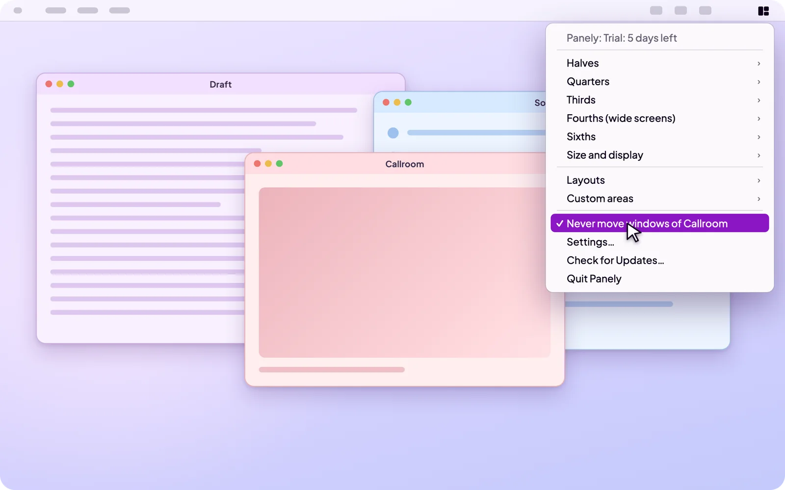 An illustration of the Panely menu-bar drop-down with its submenus for Halves, Quarters, Thirds, Fourths, Sixths and Size and display, then Layouts, Custom areas, and a checked item reading Never move windows of Callroom