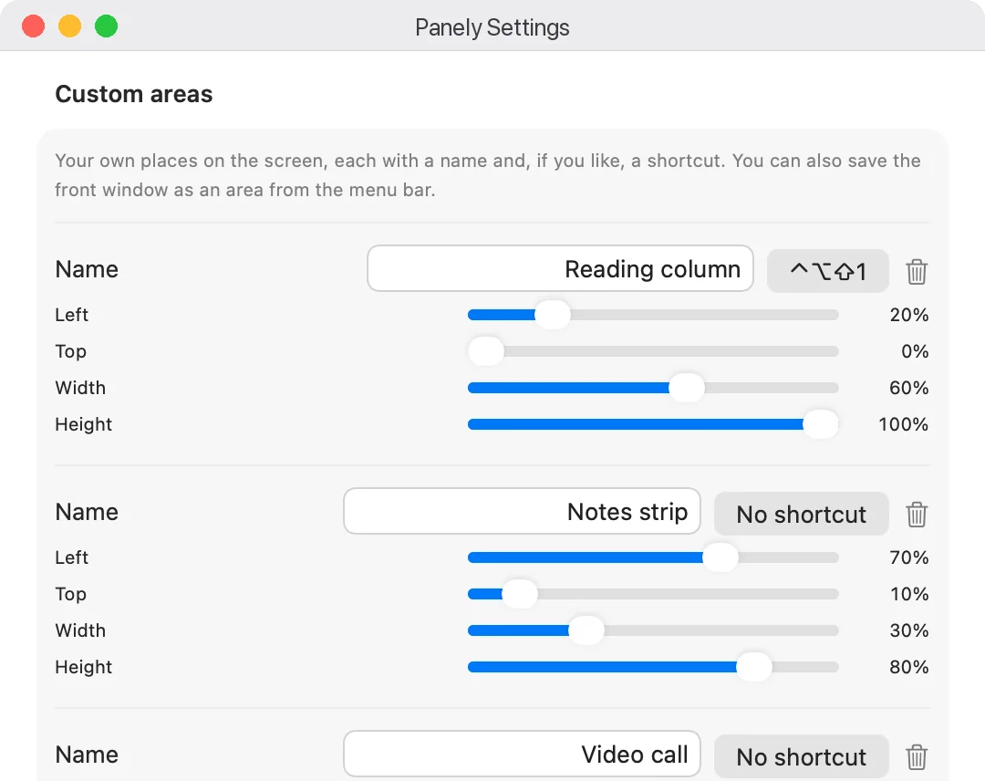 Panely's Settings window, Custom areas, with three sample areas named Reading column, Notes strip and Video call, each with a shortcut button and sliders for left, top, width and height shown as percentages