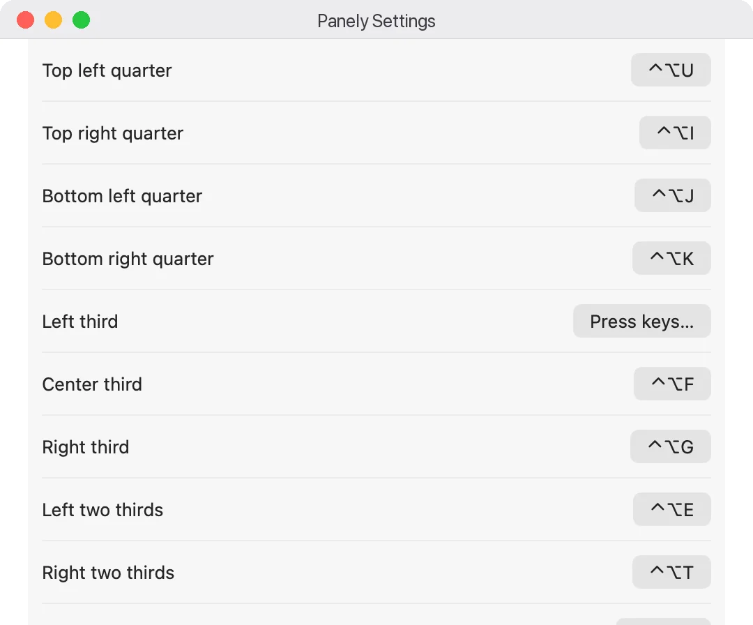 Panely's Settings window, Shortcuts list, with each action beside its shortcut, such as Control-Option-U for the top left quarter, and the Left third button reading Press keys while it waits for new keys