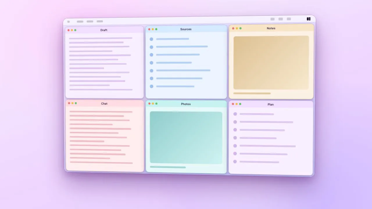 An illustration of a screen with six windows tiled in three columns and two rows