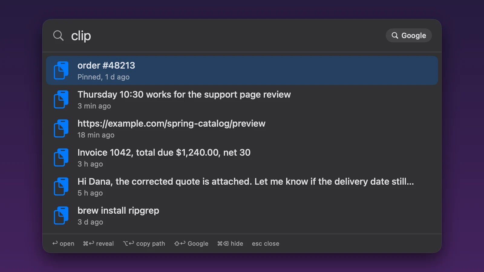 Clipboard history opened by typing clip: one pinned item, then five recent items such as a link, a short note and an invoice total, each with how long ago it was copied.
