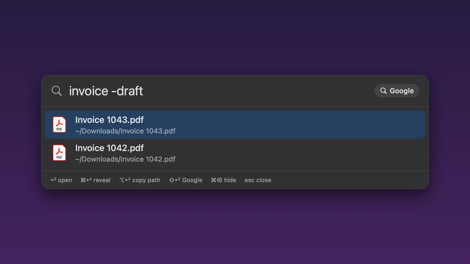The Summonly search box with invoice -draft typed in. Two invoice PDFs are listed, Invoice 1043 and Invoice 1042. The file named Invoice 1043 draft is not listed.