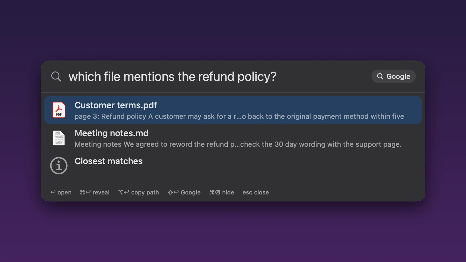 The Summonly search box with the question which file mentions the refund policy typed in. The first answer is Customer terms.pdf, marked page 3, with the start of its refund policy passage. The second is a notes file with a matching passage.