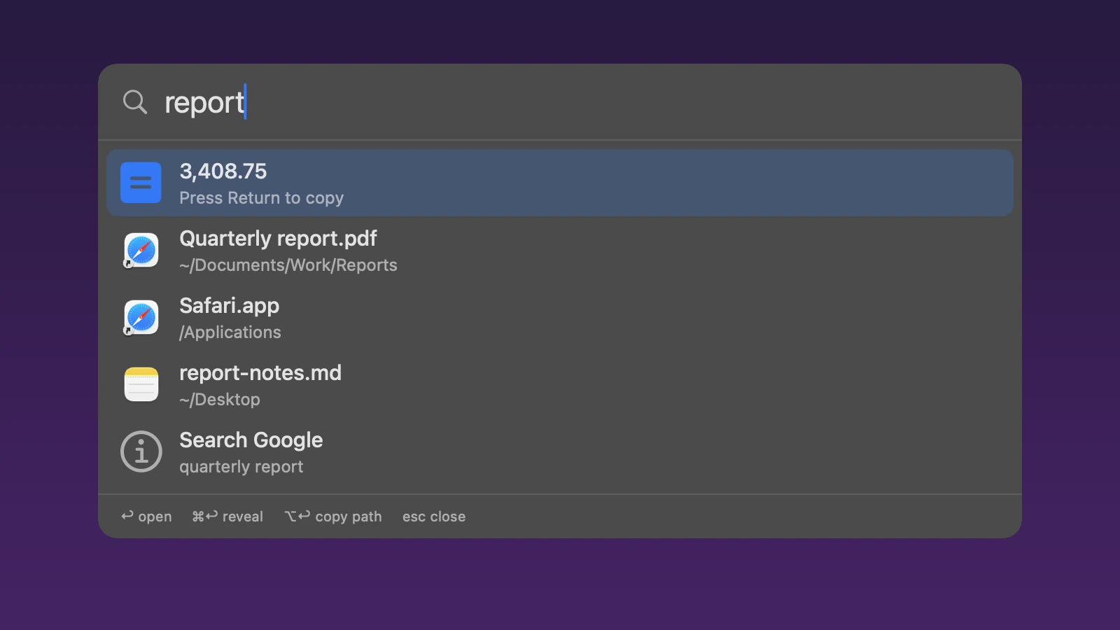 The Summonly search box with the word report typed in. Below it, a calculator answer, three files and a web search row.
