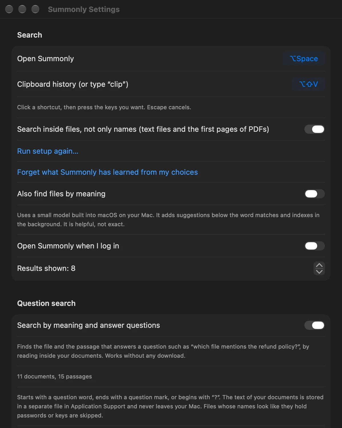 The Summonly Settings window, showing the Option-Space and Option-Shift-V shortcuts, search options and the Question search section.