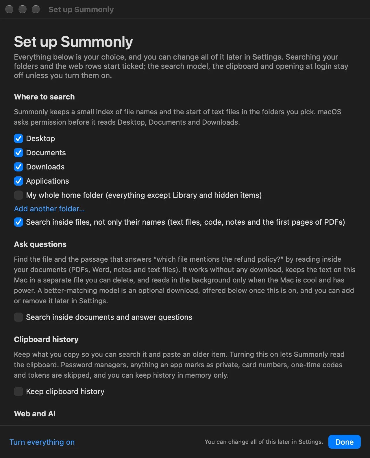 The Set up Summonly window. It has choices for the folders to search, question search, clipboard history, web rows, opening at login and the shortcut.