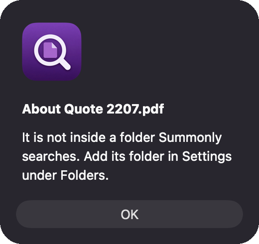 A dialog titled About Quote 2207.pdf. It says the file is not inside a folder Summonly searches, and to add its folder in Settings under Folders.